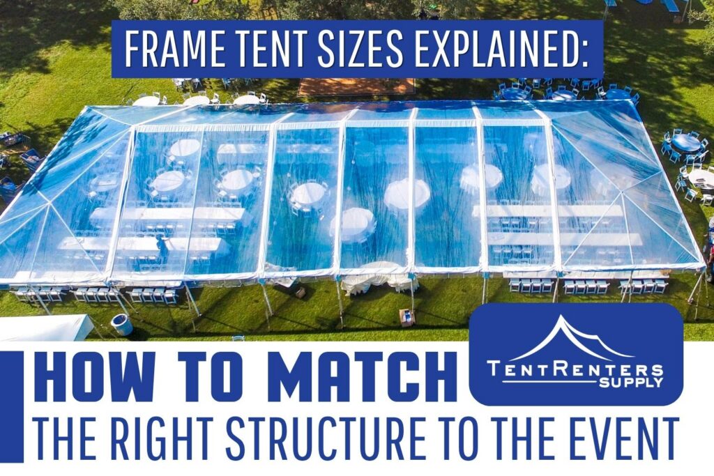 Aerial view of a large blue-and-white frame tent set up on a grass lawn for an event, with round tables and chairs arranged underneath.